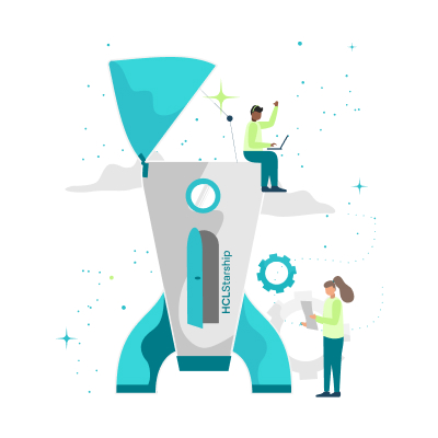 Illustration of spaceship and peole working